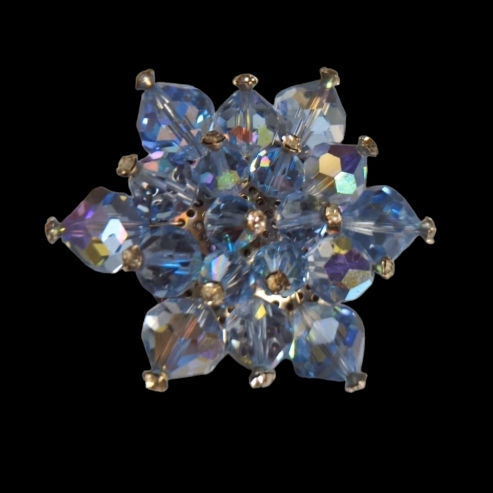 🫧 Vintage Brooch Aurora Borealis Crystal Rhinestone Atomic Burst Silver to…